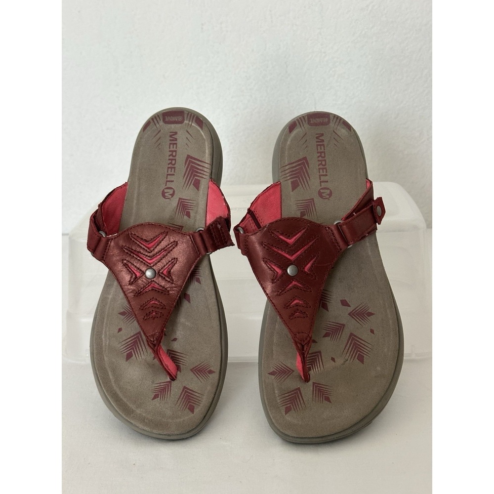 Merrell Sandals Adhera Thong Leather Red Metallic Slide Size 9 Water Resistant